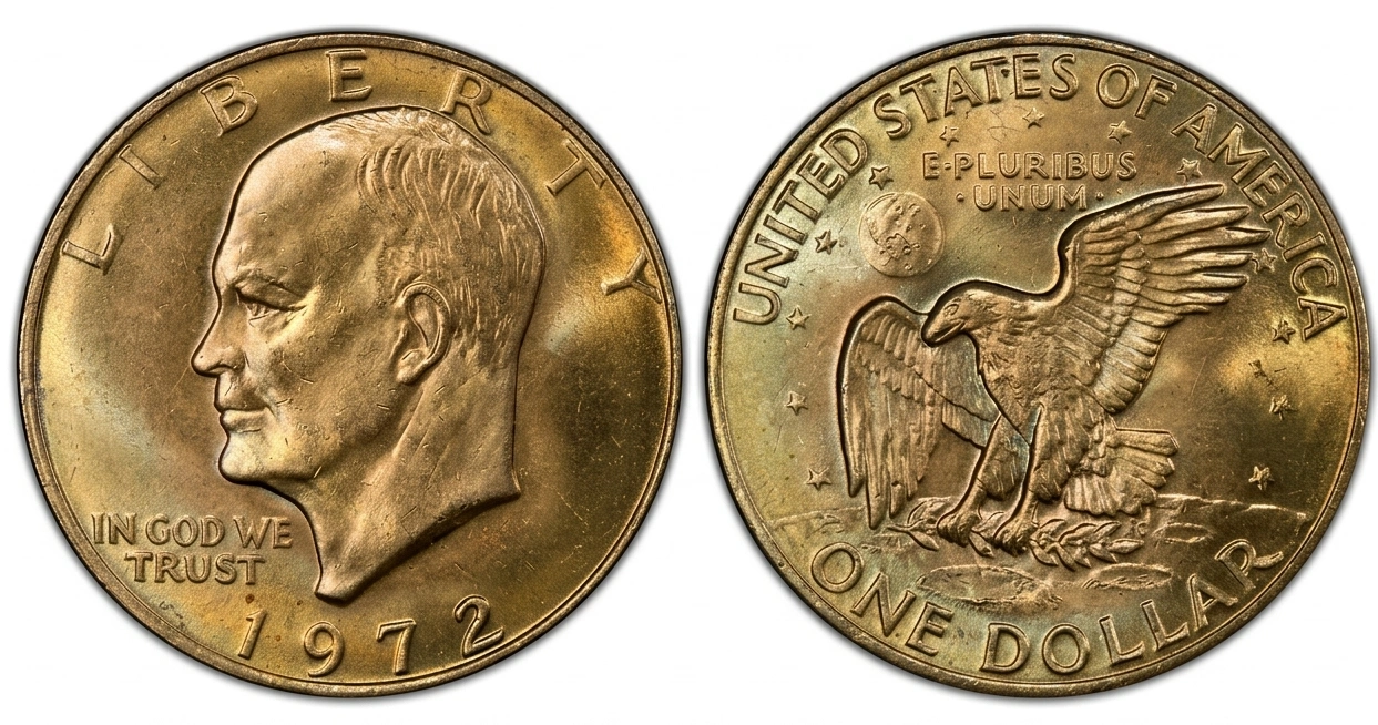 detailed close-up of a 1972 gold dollar coin on pure white background