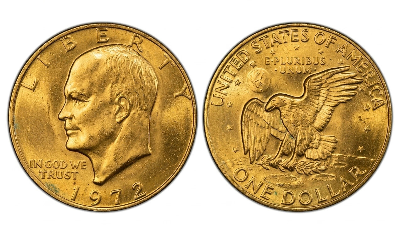 a 1972 gold dollar coin with visible natural patina