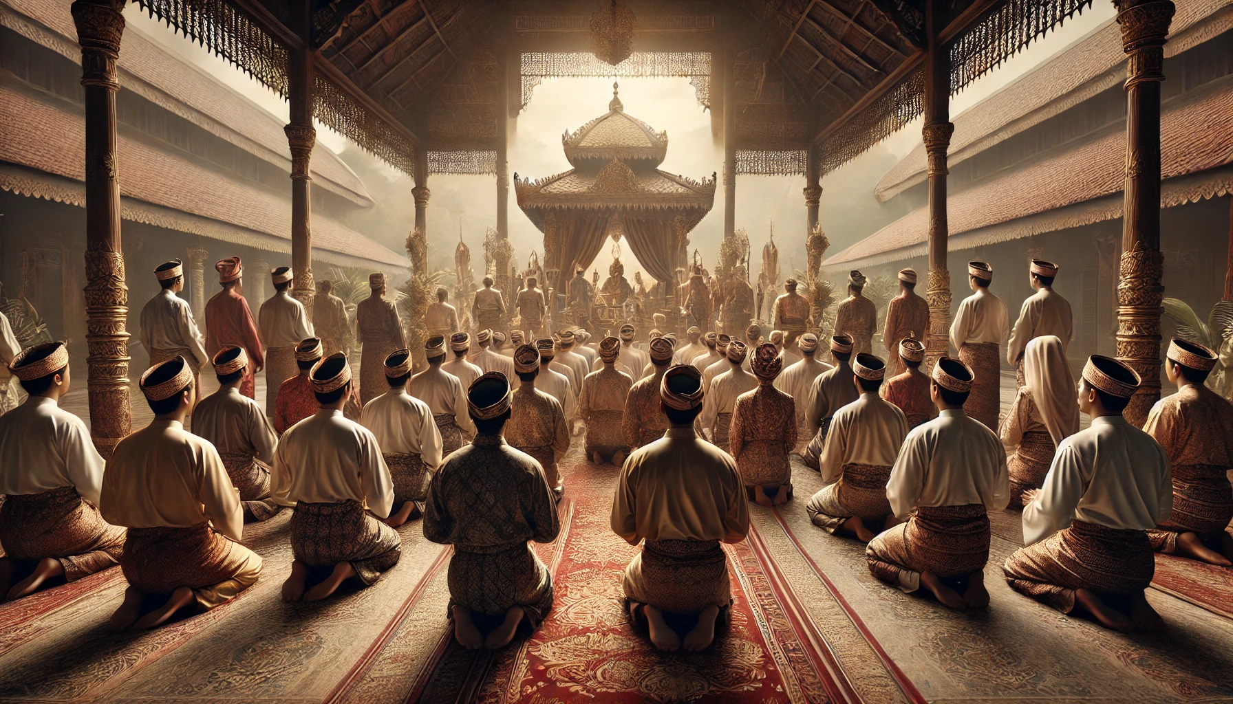 A traditional Malaysian ritual captured from behind the participants, highlighting their intricate attire as they face a ceremonial focal point in a serene, culturally rich setting.