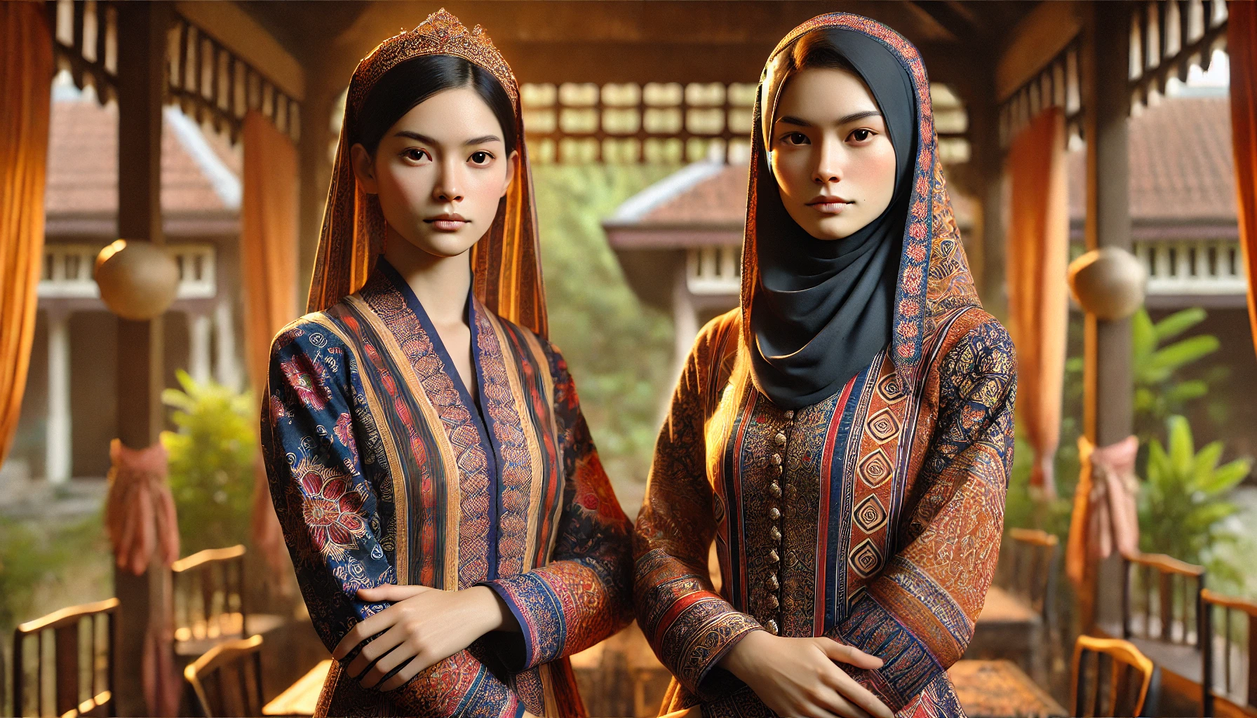 A picture of two traditionally dressed women in Malaysia with strict, serious facial expressions.