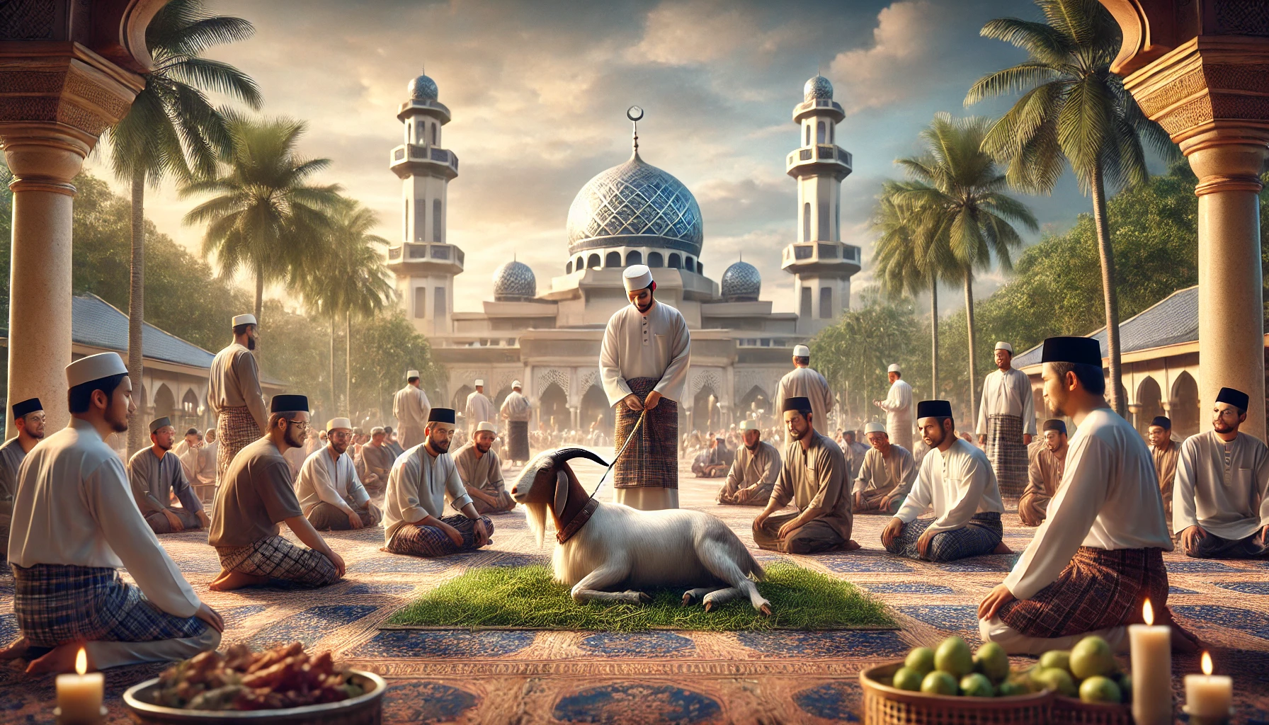 a religious animal sacrifice ritual at a mosque in Malaysia during Eid al-Adha.