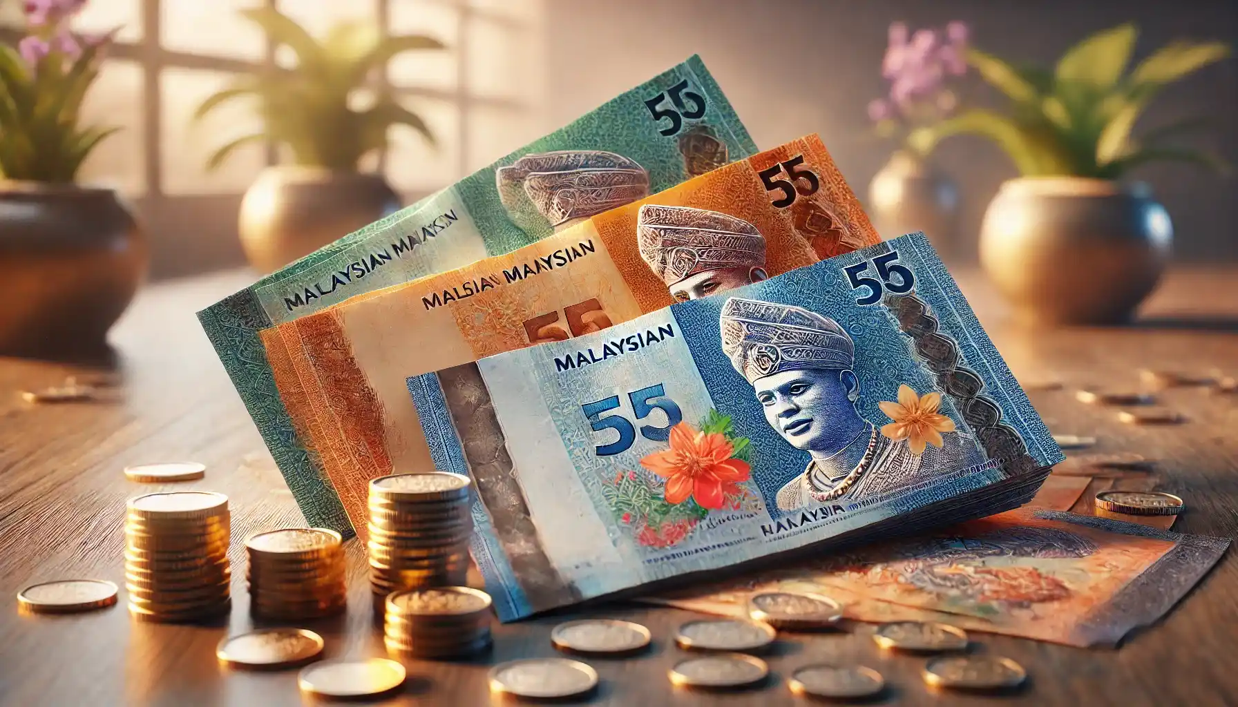 Malaysian money, including the Malaysian ringgit banknotes and coins, arranged on a wooden surface.