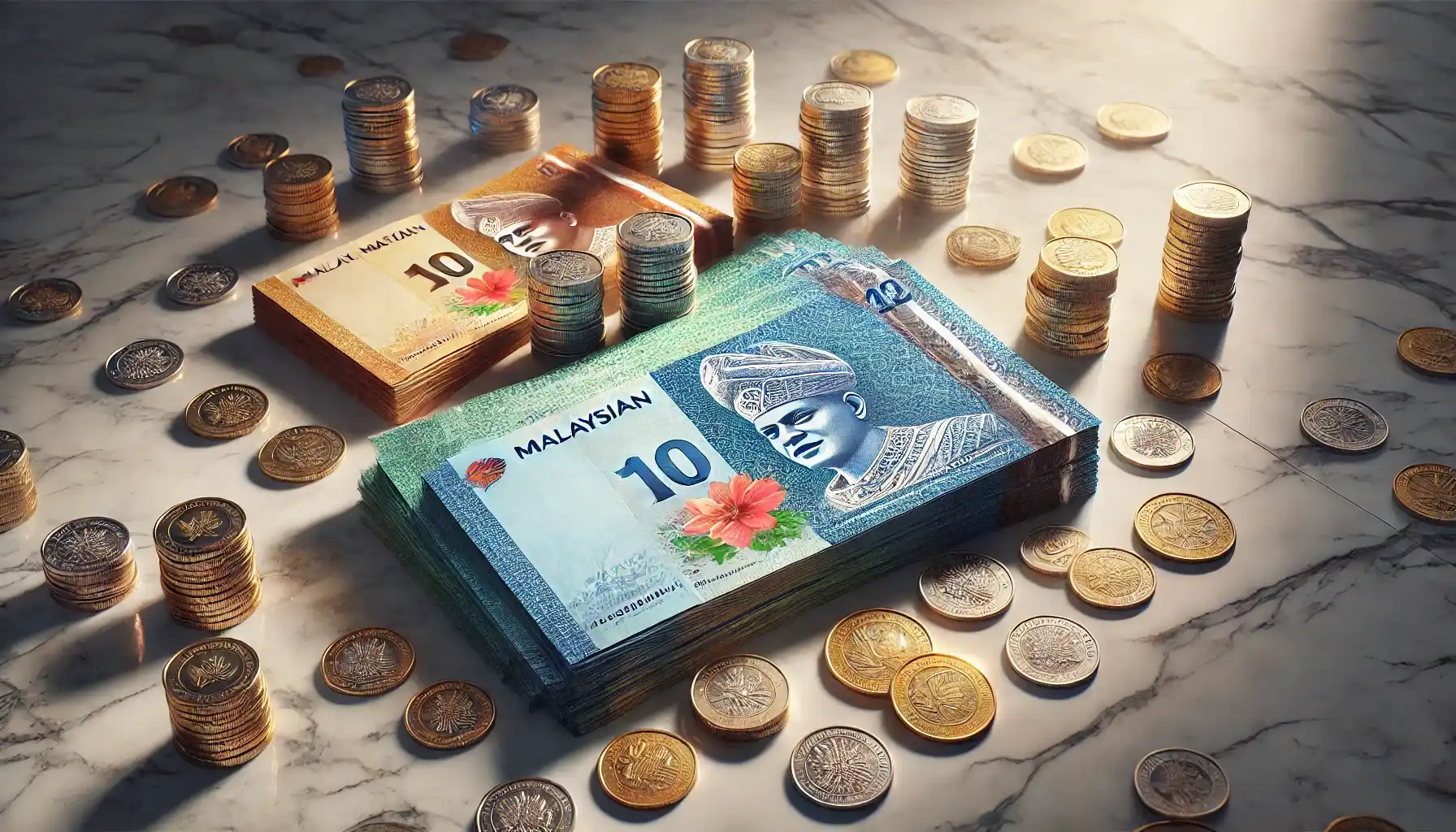 Malaysian money, featuring Malaysian ringgit banknotes and coins on a polished marble surface.