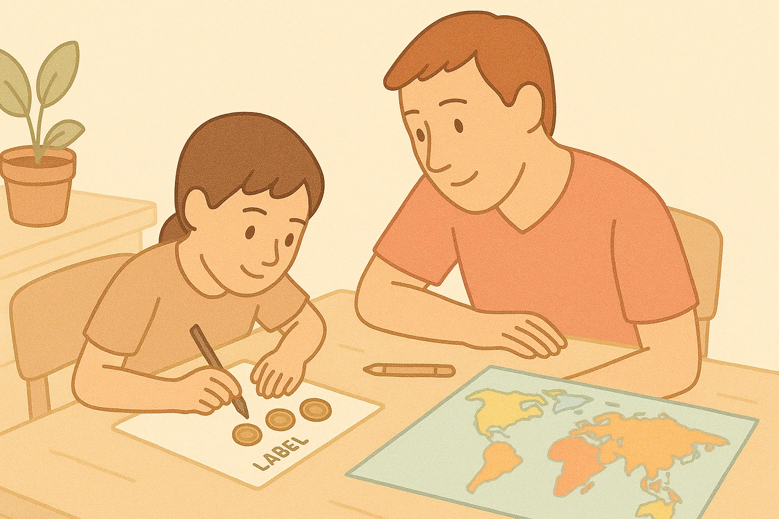 A parent and a child sort and label coins together for a geography project.
