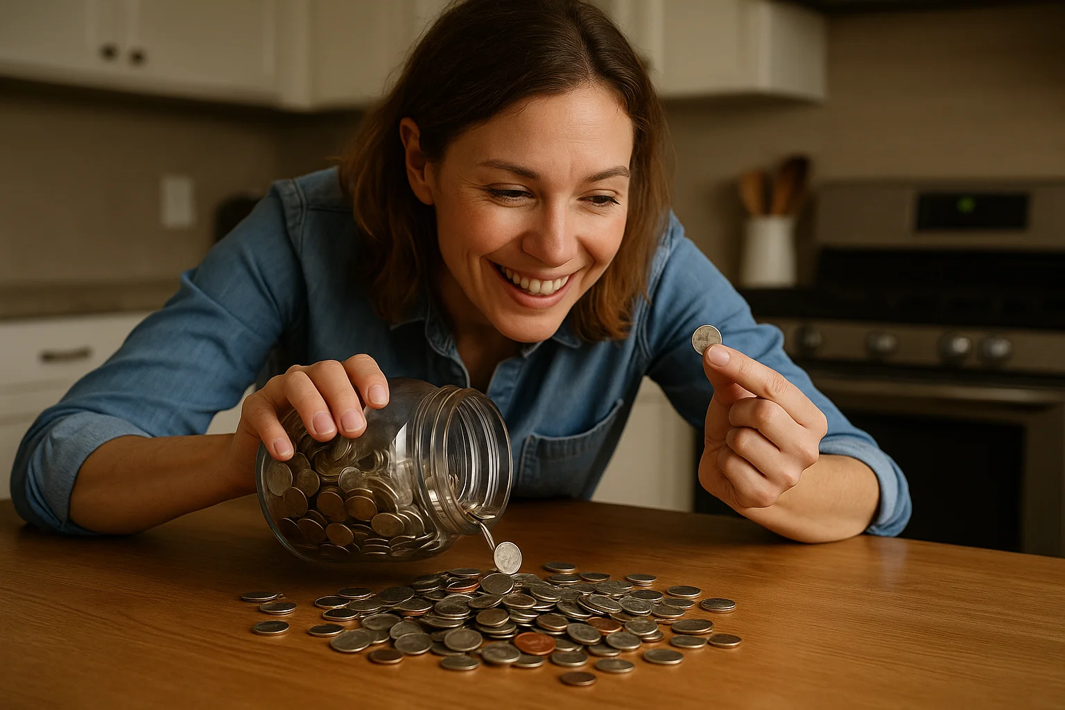 A smiling woman pours coins from a glass jar onto the table, searching for a valuable dime.