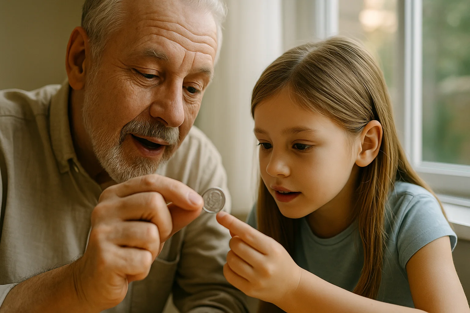 A grandfather shows his granddaughter a dime in the sunlight by the window, teaching her how to spot details.