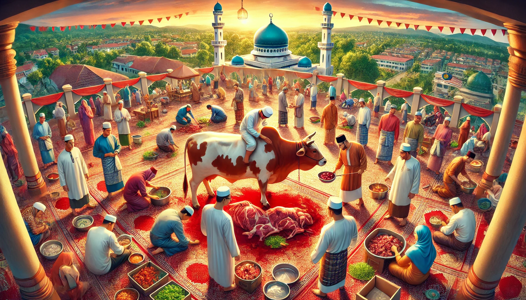 a healthy cow being prepared for sacrifice, surrounded by family and community members
