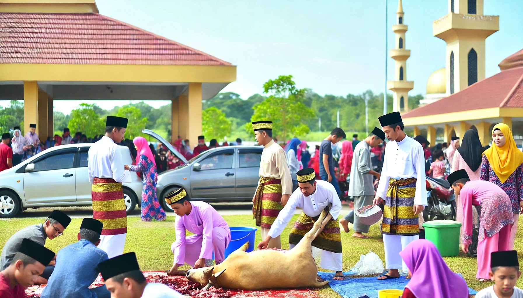 a healthy cow being prepared for sacrifice, surrounded by family and community members