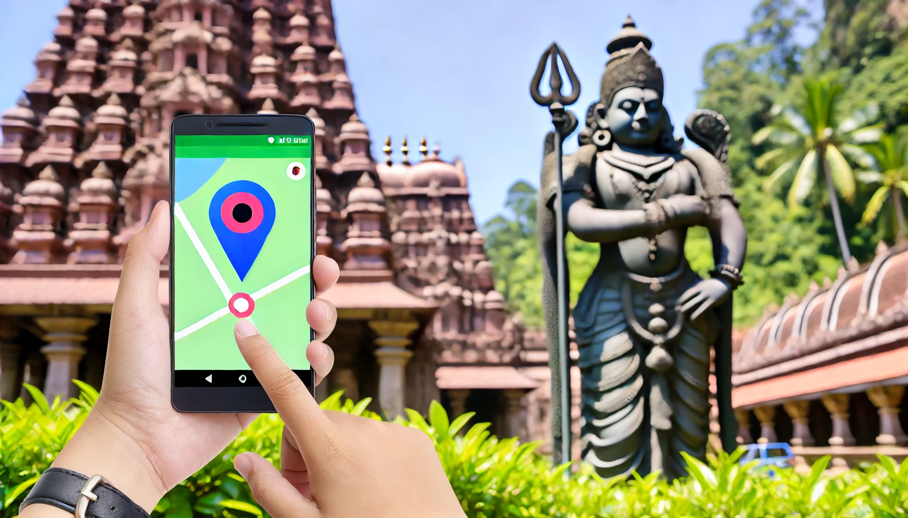 A traveler using a smartphone with a location tracking app to explore an ancient Malaysian temple.