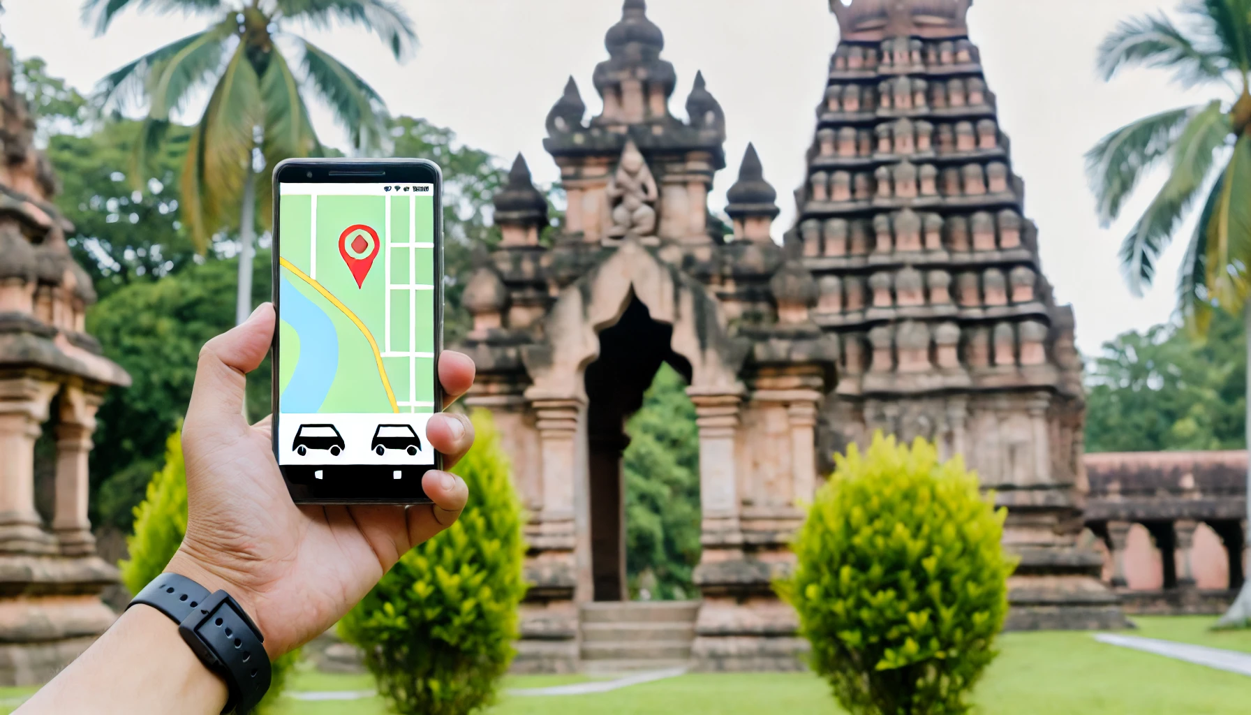 A traveler using a smartphone with a location tracking app to find out the local transport schedule.